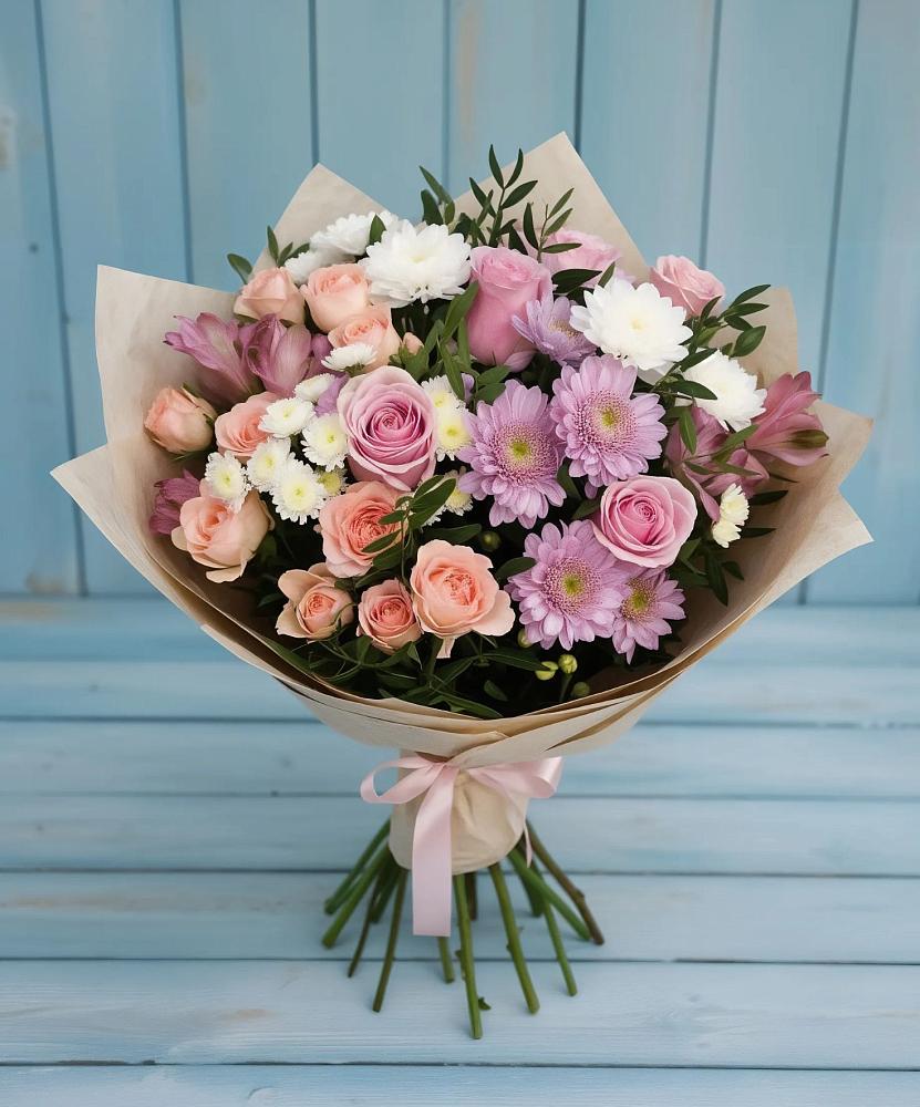 Букет цветов из: Хризантемы, Розы и Альстромерии в Ребрихе