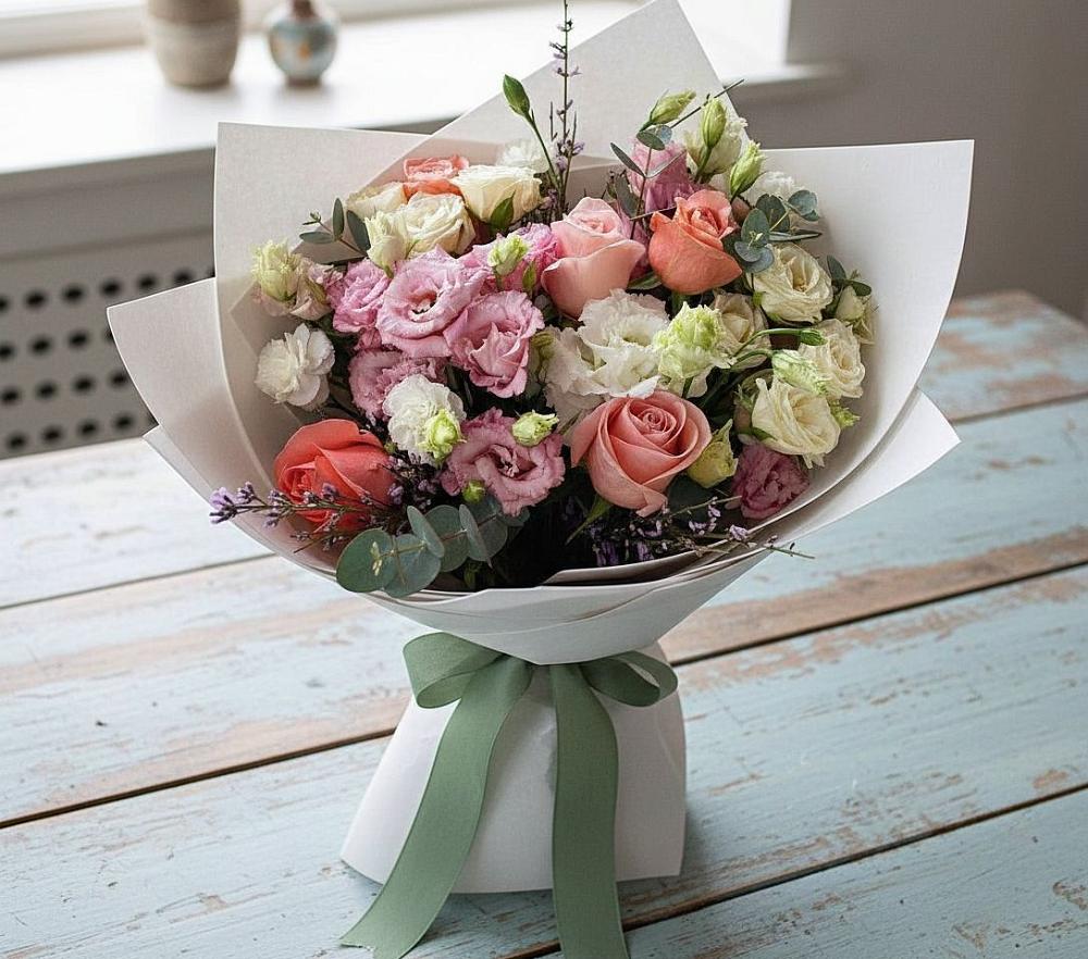 Букет цветов из: Розы, Лизиантусы и Гвоздики в Ребрихе